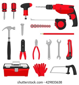 Construction repair tools icons set isolated on white background. Colored flat vector illustration