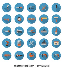 Construction and repair tools icons set - Flat style vector illustrations with long shadows