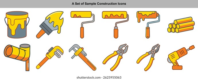 Construction and repair tools including paint bucket, paint brush, paint rollers, pipes, wrenches, pliers, and drill. Vector illustration against a white backdrop.