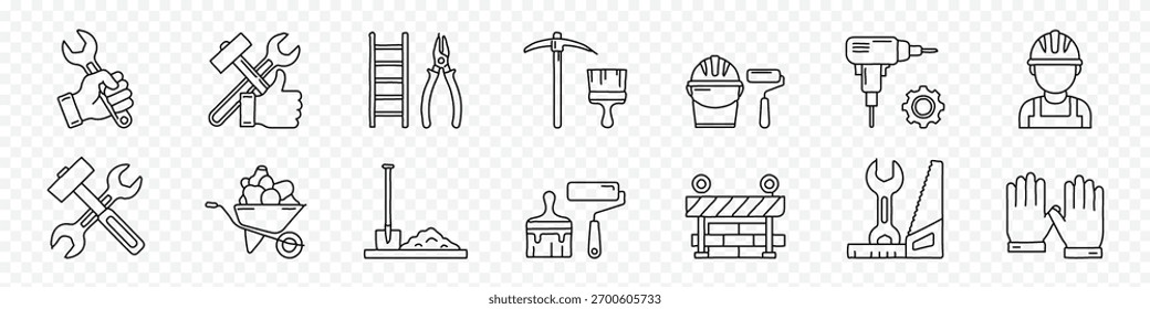 Conjunto de iconos de línea de herramientas de construcción y reparación: contorno de trazo editable con constructor, equipo de seguridad, pintura y herramientas eléctricas,   Casco, pintura, taladro, equipo, guantes y equipo de reparación