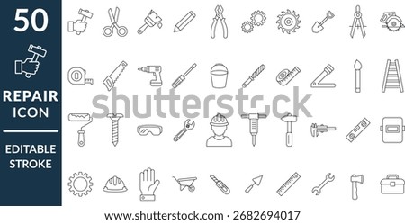 construction and repair tools line icon set. editable stroke, engineering and hardware outline icon, repair projects