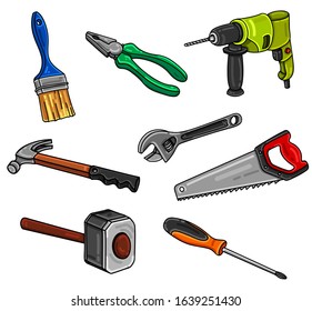 Construction, repair tools set. Restore materials. Paint brush, pliers, electric drill, wrench, hammer, handsaw, sledgehammer, screwdriver.