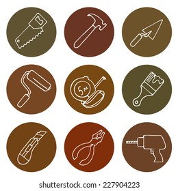 Construction and repair tools. Set of round icons with items for construction and home repair.