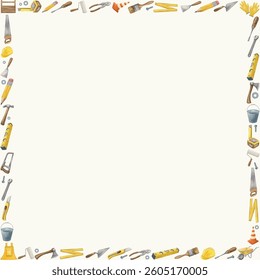 Construction and repair tools square frame Labor Day greeting card with yellow and grey tools, including hammer, wrench, and screwdriver