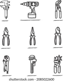 Construction and repair tools vector sketchy icons-set.