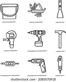 Herramientas de construcción y reparación vectores esquemático conjunto de iconos.