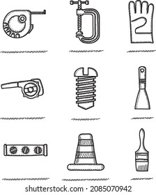 Construction and repair tools vector sketchy icons-set.