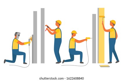 Construction, repair works drilling and painting walls vector. Building and renovation, builders in overalls and hardhat, electric drill and roller