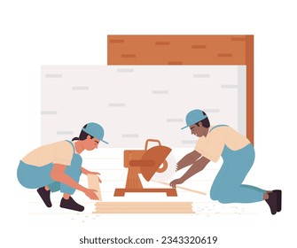 Construction repairing workers. Home renovation workman, building repair service vector illustration