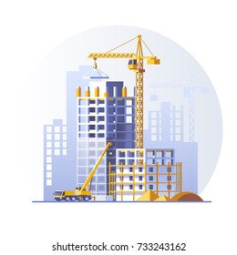 Construction of residential houses. Construction site concept design. Flat style vector illustration.