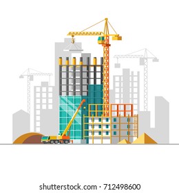 Construction of residential houses. Construction site design. Flat style vector illustration.