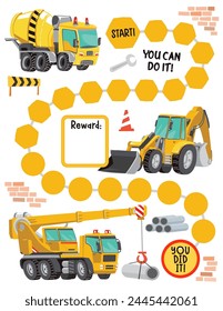 Cuadro de recompensas de construcción para niñas y niños. Gráfico de premios de máquinas de construcción. Tabla de comportamiento y trabajo rutinario de los niños. Ilustración vectorial