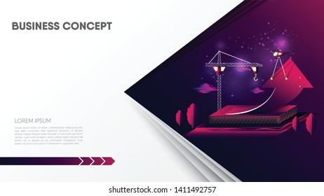 Construction of rising arrow, tree, sky clouds, on gradient pink purple background. Abstract concept template with copy space for text. Paper cut style. EPS10, vector and illustration.