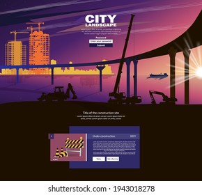 Construction of a road bridge across the strait. Home page of the web site. Vector banner