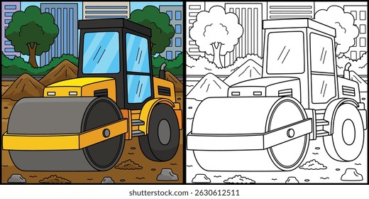 Construction Road Roller Coloring Illustration