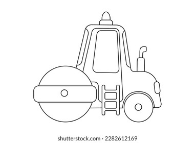 Construction road roller icon. Outline vector illustration isolated on white background. Childish cute construction vehicle for coloring page