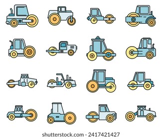 Construction road roller icons set. Outline set of construction road roller vector icons thin line color flat on white