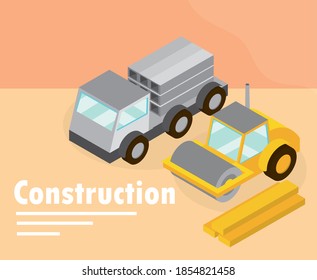 construction road roller machine and truck isometric vector illustration