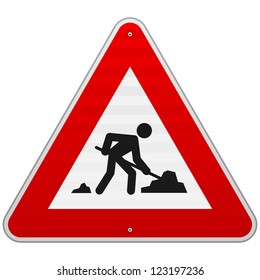 Construction Road Sign - Men at Work European sign as triangle shape with red border