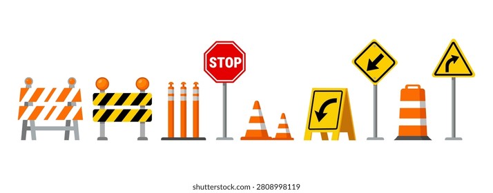 Construction road signs and safety barriers set