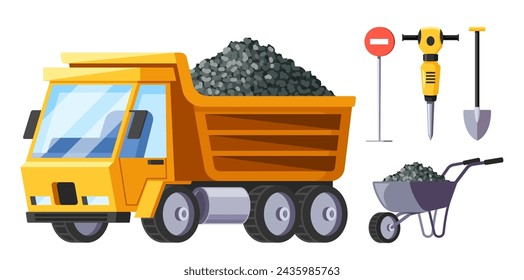 Construction Roadworks Equipment Set. Tip Truck Heavy Vehicle To Transport And Unload Gravel, Asphalt And Debris At Site