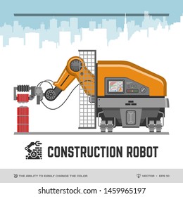 Construction robot flat illustration with automated bricklaying autonomous machine mockup (The ability to easily change the color) and glyph icon.