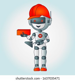 construction robot worker in orange helmet holds trowel and a brick in his hands