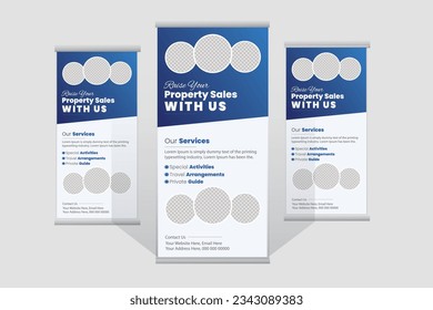 Construction roll up banner design template, Real estate roll up banners design templates set, Vertical banner for event with halftone effect vector illustration on background, x-banner