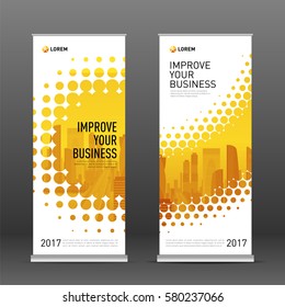 Construction roll up banner design template. Abstract geometry with colored cityscape vector illustration on background.
