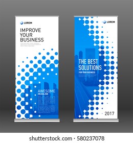 Construction roll up banner design template. Abstract geometry with colored cityscape vector illustration on background.