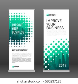 Construction roll up banner design template. Abstract geometry with colored cityscape vector illustration on background.