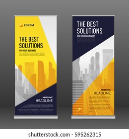 Construction roll up banner design template. Abstract geometry with colored cityscape vector illustration on background.