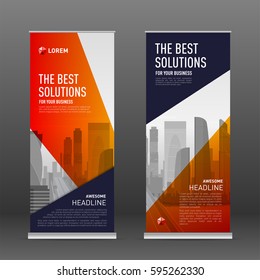 Construction roll up banner design template. Abstract geometry with colored cityscape vector illustration on background.