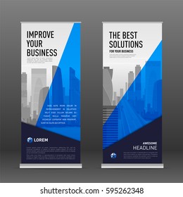 Construction roll up banner design template. Abstract geometry with colored cityscape vector illustration on background.