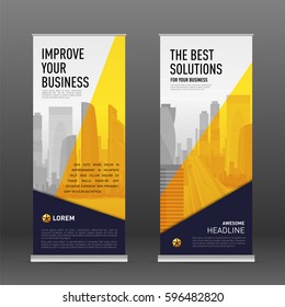 Construction roll up banner design template. Abstract geometry with colored cityscape vector illustration on background.