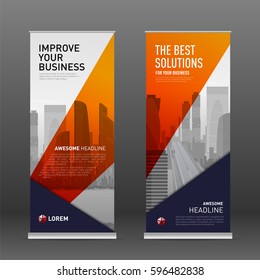 Construction roll up banner design template. Abstract geometry with colored cityscape vector illustration on background.