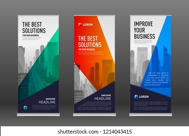 Construction roll up banner design templates set. Abstract geometry with colored cityscape vector illustration on background.