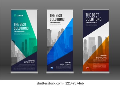 Construction roll up banner design templates set. Abstract geometry with colored cityscape vector illustration on background.