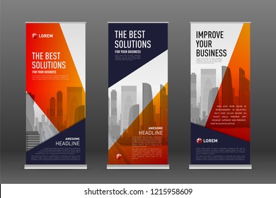 Construction roll up banner design templates set. Abstract geometry with colored cityscape vector illustration on background.