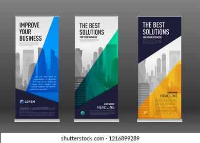 Construction roll up banner design templates set. Abstract geometry with colored cityscape vector illustration on background.