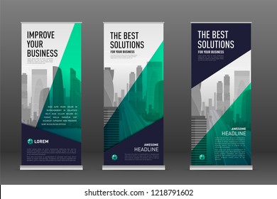 Construction roll up banner design templates set. Abstract geometry with colored cityscape vector illustration on background.
