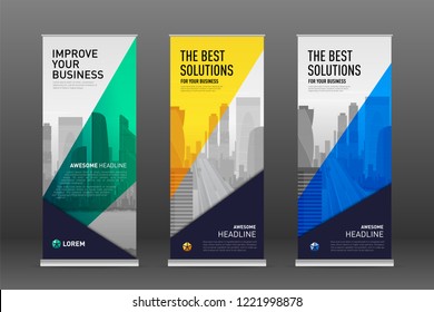 Construction roll up banner design templates set. Abstract geometry with colored cityscape vector illustration on background.