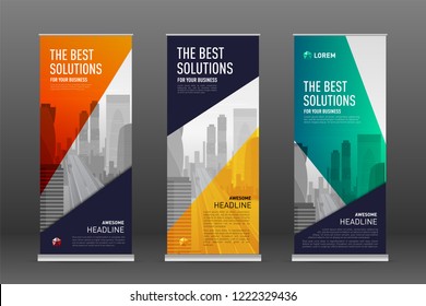 Construction roll up banner design templates set. Abstract geometry with colored cityscape vector illustration on background.