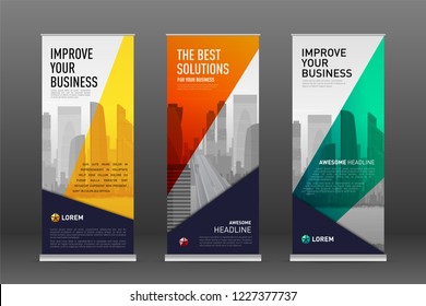 Construction roll up banner design templates set. Abstract geometry with colored cityscape vector illustration on background.