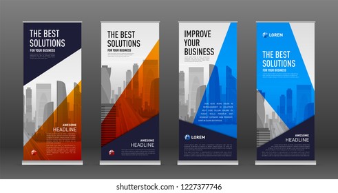 Construction roll up banner design templates set. Abstract geometry with colored cityscape vector illustration on background.