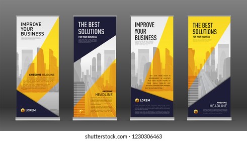 Construction roll up banner design templates set. Abstract geometry with colored cityscape vector illustration on background.
