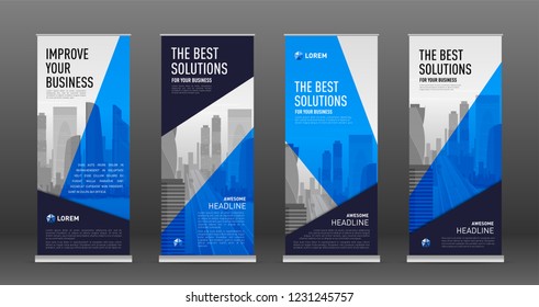 Construction roll up banner design templates set. Abstract geometry with colored cityscape vector illustration on background.