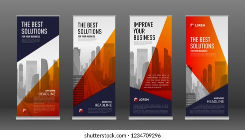 Construction roll up banner design templates set. Abstract geometry with colored cityscape vector illustration on background.
