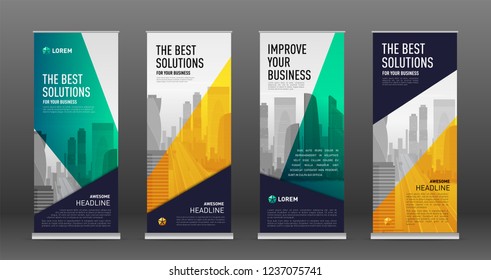 Construction roll up banner design templates set. Abstract geometry with colored cityscape vector illustration on background.