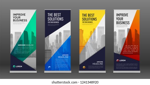 Construction roll up banner design templates set. Abstract geometry with colored cityscape vector illustration on background.